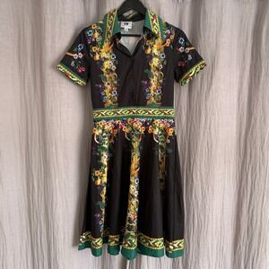 Vicky and Lucas Floral Fruit Print Shirt Dress Black Green Fit Flare Womens S